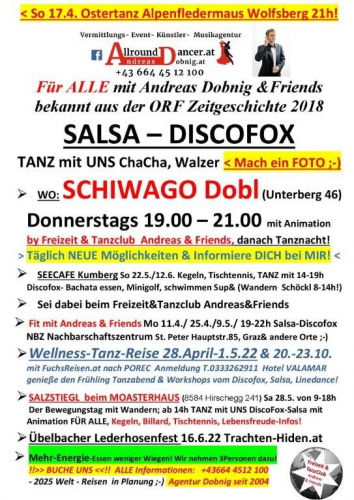 Schiwago jeden Donnerstag Alpenfeldermaus mit Seecafe Kumberg  Wellness am Meer Salzstigl Info 06644512100 mit Andreas Dobnig